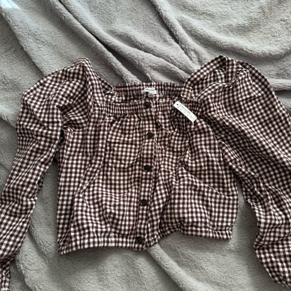 Madewell Puff Sleeve Button Front Crop Top in brown gingham - Picture 8 of 10